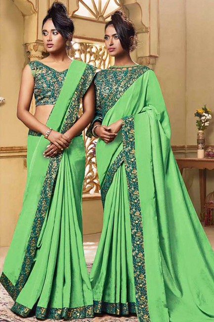 Lace Border Art Silk Saree in Lime Green