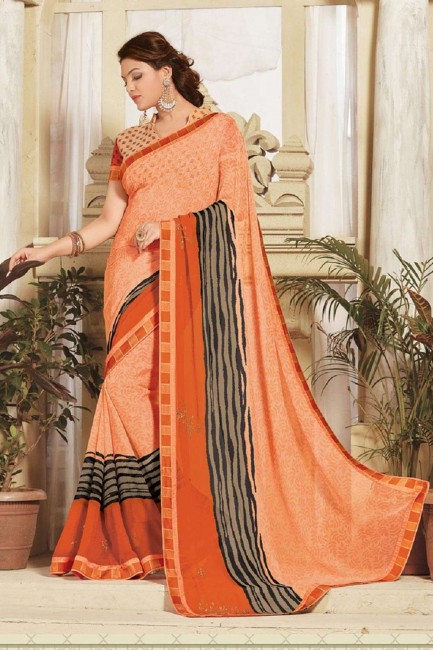 Printed Georgette Saree in Rust Orange with Blouse