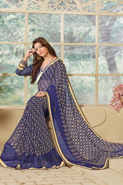 Saree in Navy Blue Georgette with Printed