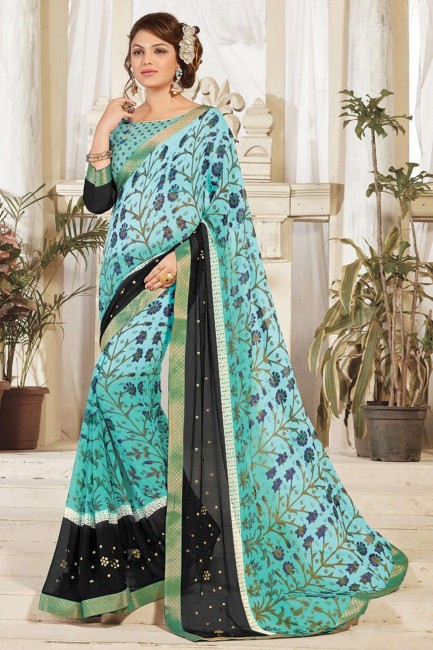 Printed Georgette Saree in Light Blue with Blouse