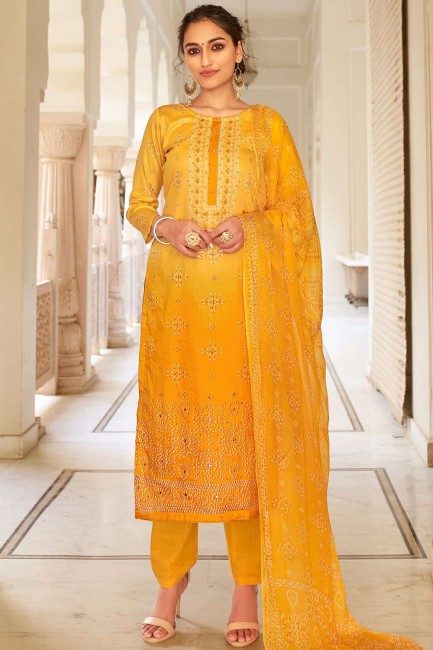 Mustard Yellow Eid Palazzo Suit in Cotton with Cotton