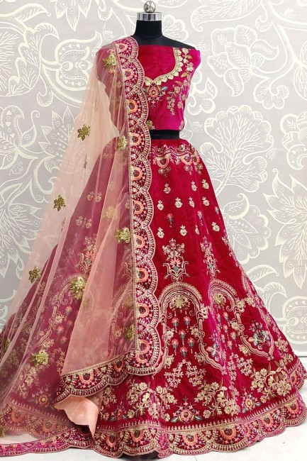 Stylish Rani pink Velvet Wedding Lehenga Choli
