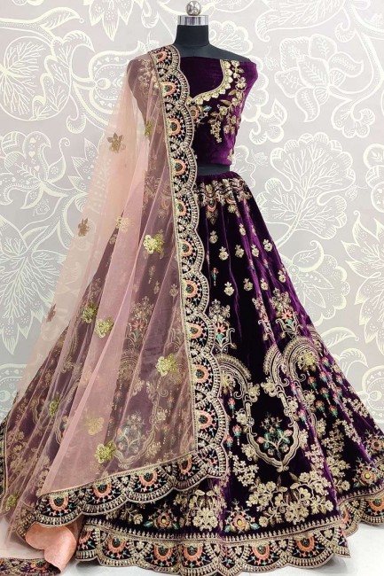 Exquisite Purple Velvet Wedding Lehenga Choli