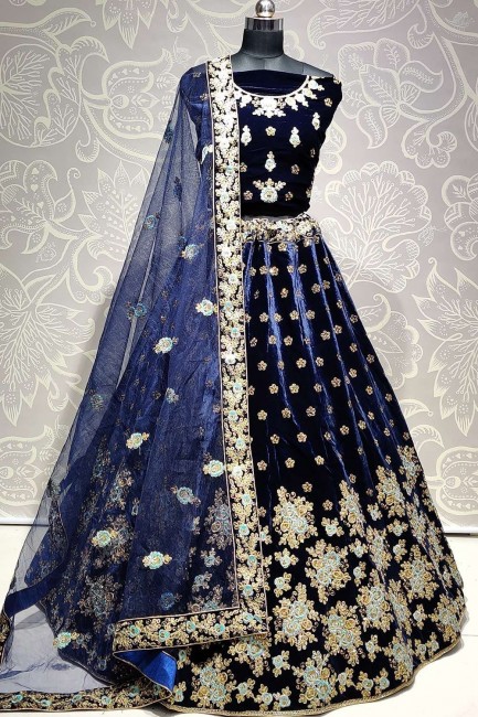 Ravishing Navy blue Velvet Wedding Lehenga Choli