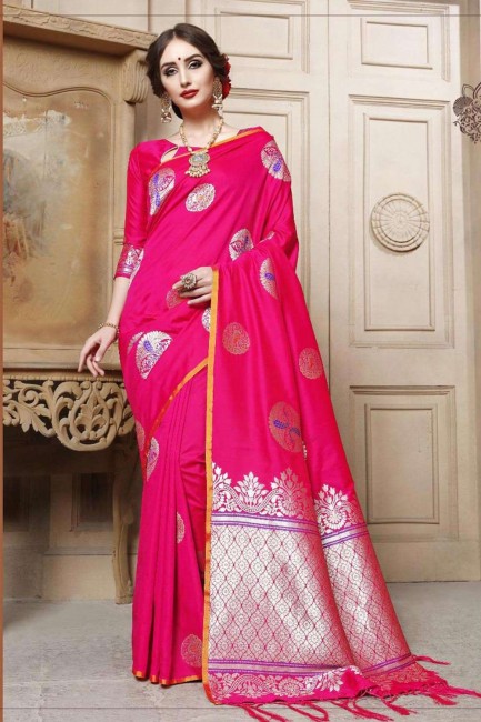 Cotton & Silk Saree in Pink with Weaving