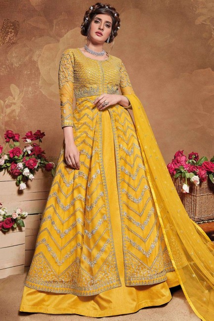 Net Anarkali Suit in Yellow