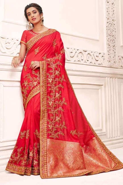 Silk Embroidered Red Wedding Saree with Blouse