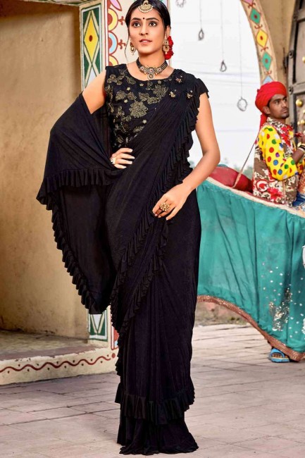 Black Silk Sequins Wedding Saree with Blouse