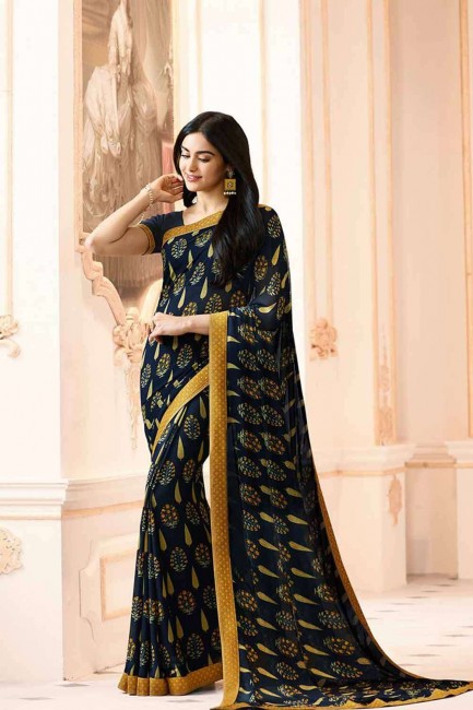 Navy Blue Georgette Saree with Lace Border