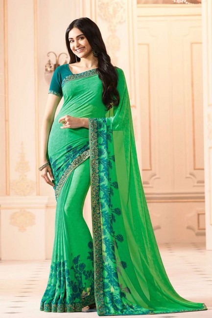 Light Green Lace Border Saree in Georgette