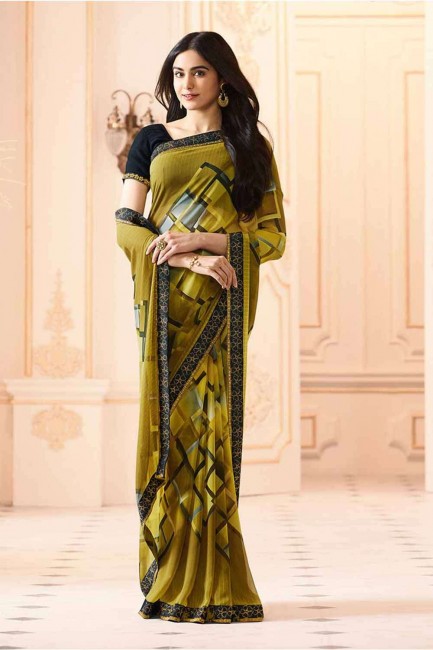 Lace Border Georgette Olive Green Saree Blouse