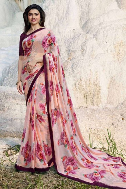 Lace Border Georgette Saree in Peach with Blouse