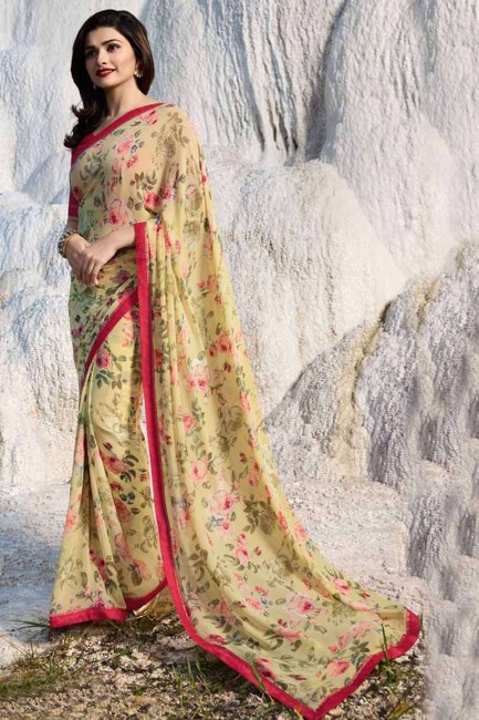 Georgette Lace Border Yellow Saree with Blouse