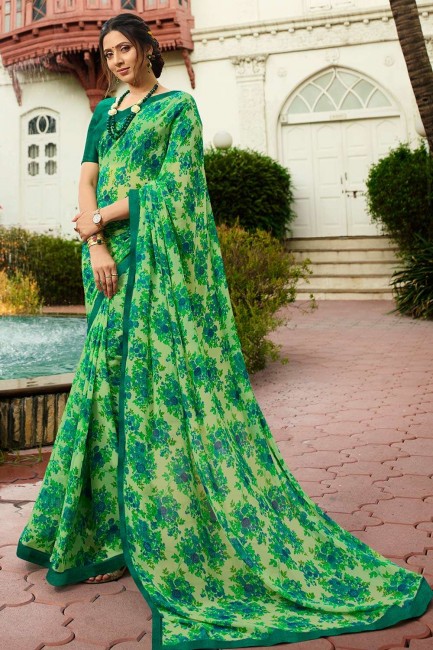 Green Saree with Lace Border Georgette