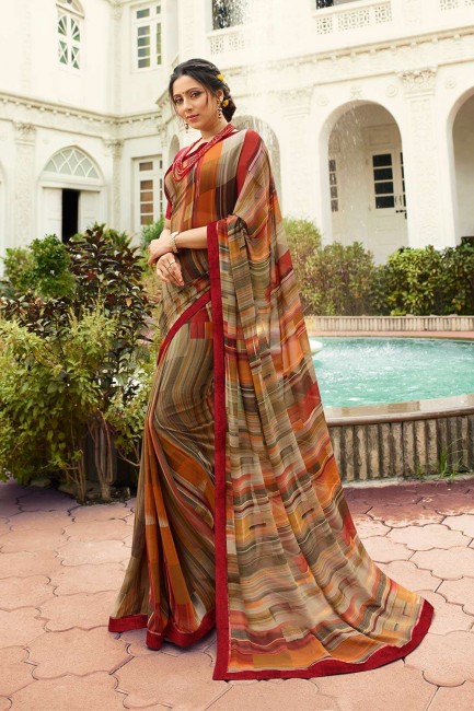 Saree in Brown Georgette with Lace Border