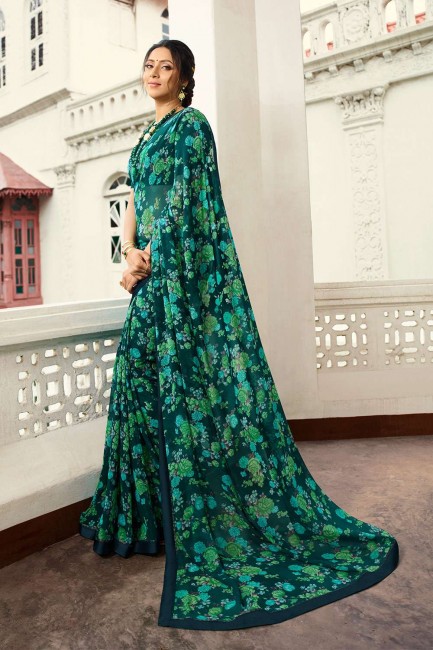 Rama Green Georgette Saree with Lace Border