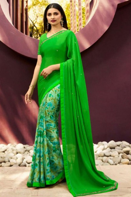 Perrat Green Saree in Georgette with Lace Border