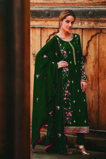 Navy Green Eid Pakistani Suit in Faux Georgette with Faux Georgette