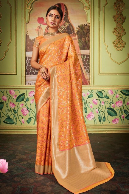 Banarasi raw Silk Weaving Fawn Orange Wedding Saree with Blouse