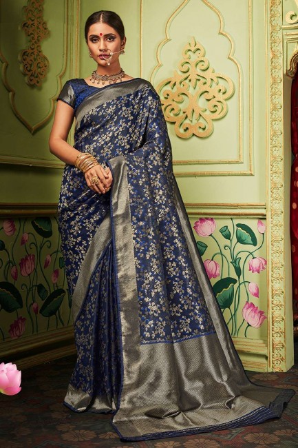 Navy Blue Banarasi raw Silk Wedding Saree with Weaving