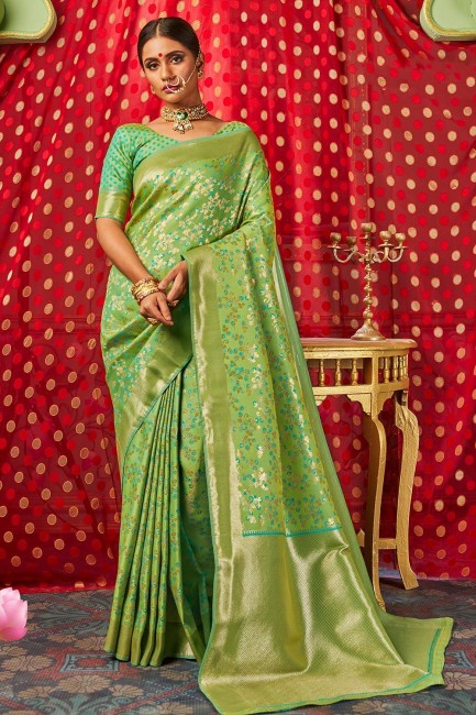 Classy Olive Green Wedding Saree with Weaving Banarasi raw Silk