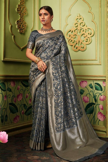 Dark Grey Wedding Saree in Weaving Banarasi raw Silk