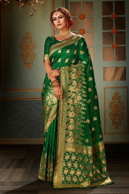 Green Banarasi raw Silk Weaving Wedding Saree with Blouse