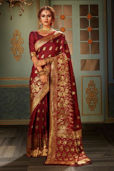 Weaving Banarasi raw Silk Wedding Saree in Maroon