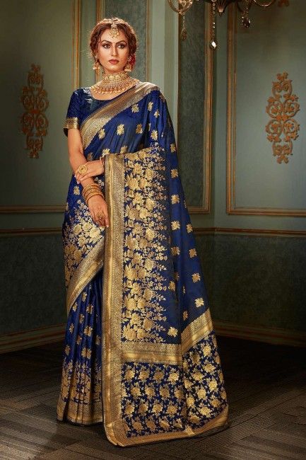 Banarasi raw Silk Wedding Saree in Navy Blue with Weaving