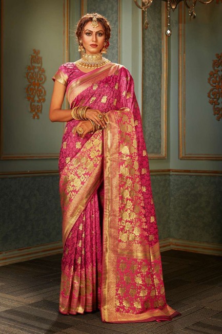 Pink Wedding Saree in Banarasi raw Silk with Weaving