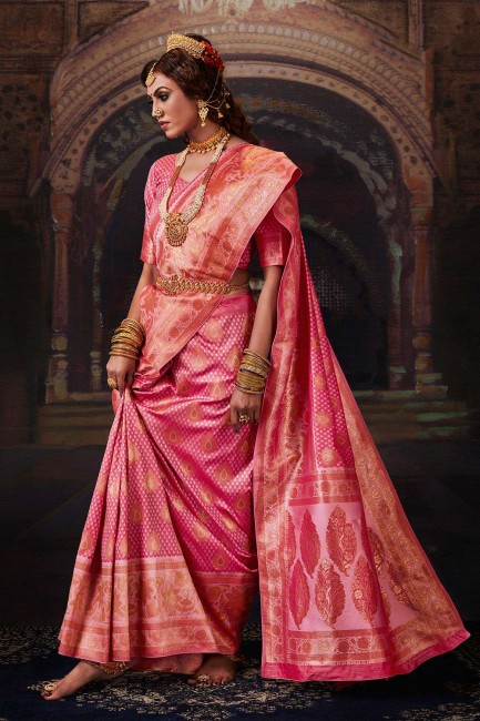 Banarasi raw Silk Wedding Saree with Weaving in Pink