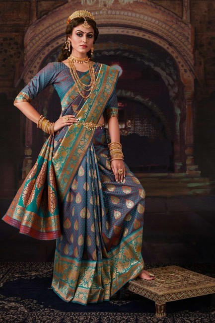 Aqua Green Banarasi raw Silk Wedding Saree with Weaving
