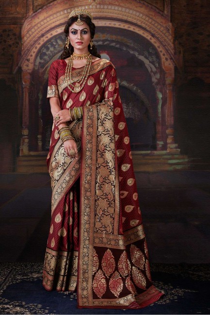 Maroon Weaving Wedding Saree in Banarasi raw Silk