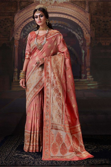 Salmon Pink Wedding Saree in Banarasi raw Silk with Weaving