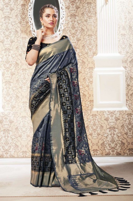 Banarasi raw Silk Wedding Saree with Weaving in Grey