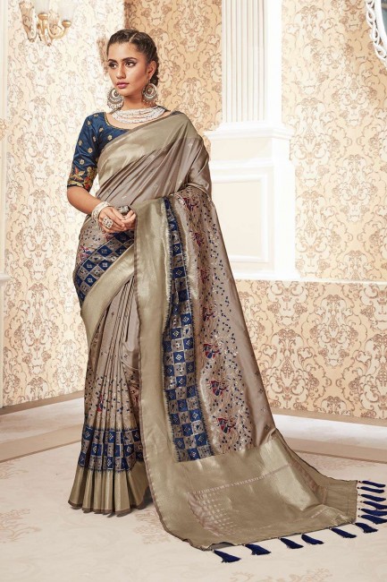 Beige Wedding Saree in Banarasi raw Silk with Weaving