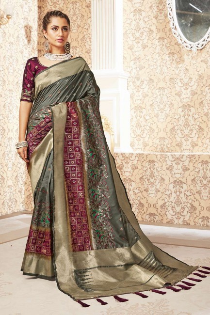 Banarasi raw Silk Weaving Grey Wedding Saree with Blouse