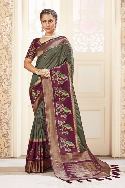 Dazzling Olive Green Wedding Saree with Weaving Banarasi raw Silk