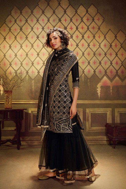 Eid Sharara Suit in Maroon Soft Net with Soft Net