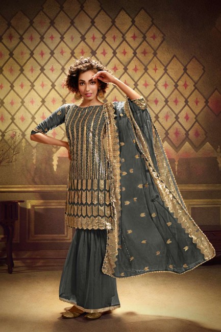 Eid Sharara Suit in Grey Soft Net with Soft Net