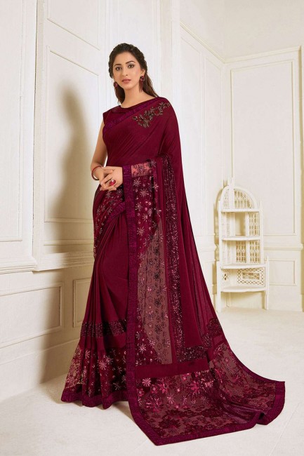 Exquisite Embroidered Lycra Wedding Saree in Maroon with Blouse