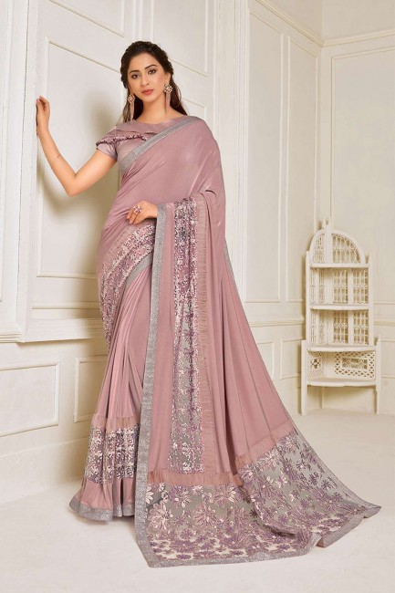 Pink Bridal Saree in Embroidered Lycra