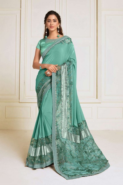 Sea Green Wedding Saree with Embroidered Lycra