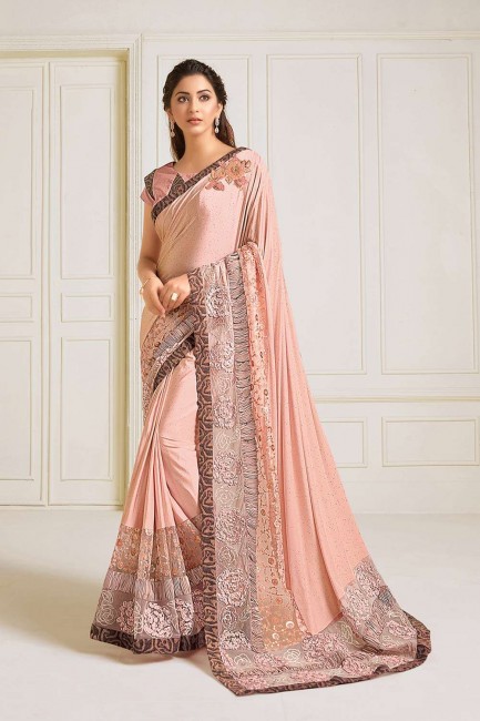 Lycra Embroidered Peach Wedding Saree with Blouse