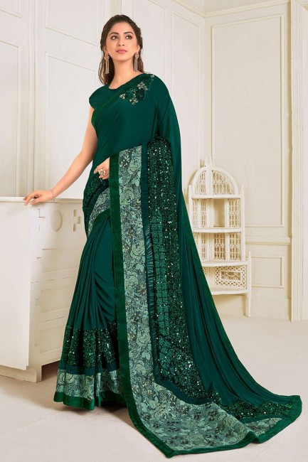 Embroidered Lycra Dark Green Wedding Saree Blouse