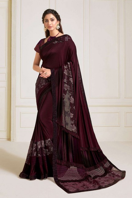 Lycra Embroidered Wine Wedding Saree with Blouse