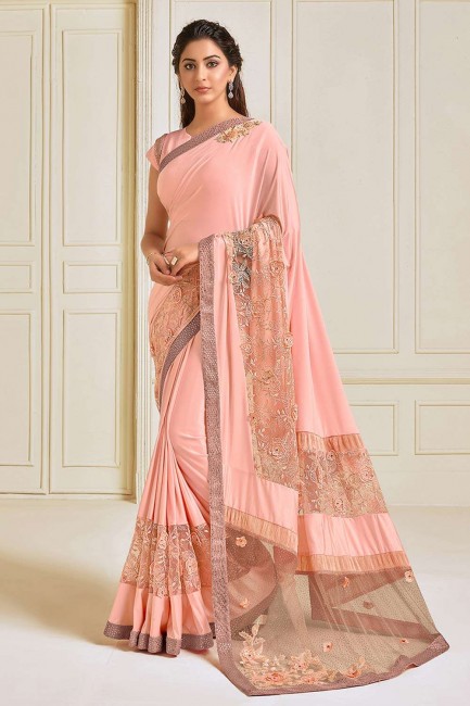 Peach Lycra Embroidered Wedding Saree with Blouse