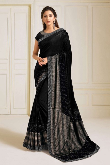 Lycra Wedding Saree in Black with Embroidered