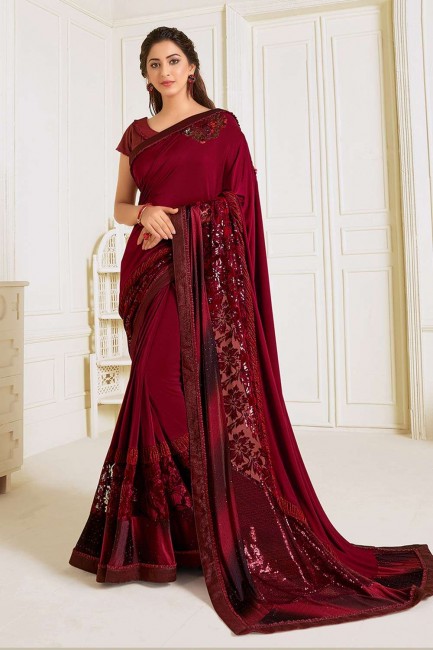 Dazzling Embroidered Lycra Wedding Saree in Maroon with Blouse