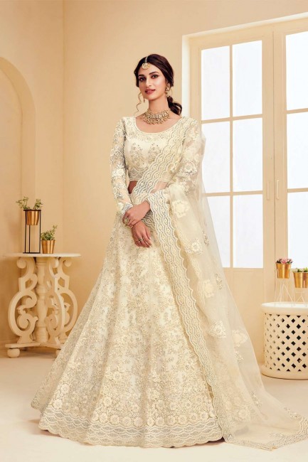 Lehenga Choli in Off White Net with Embroidery